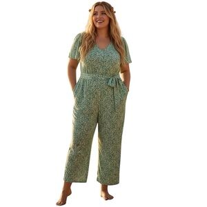 NWT 1. State Green & White Floral Print Jumpsuit Size 1X